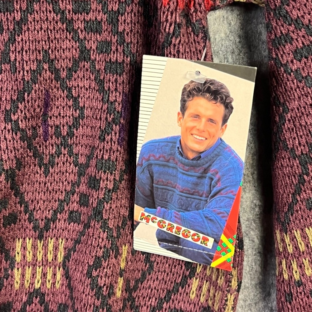 Vintage McGregor Sweater Mens L Burgundy Geometric Diamond Grandpa 80s 90s New - Picture 3 of 8